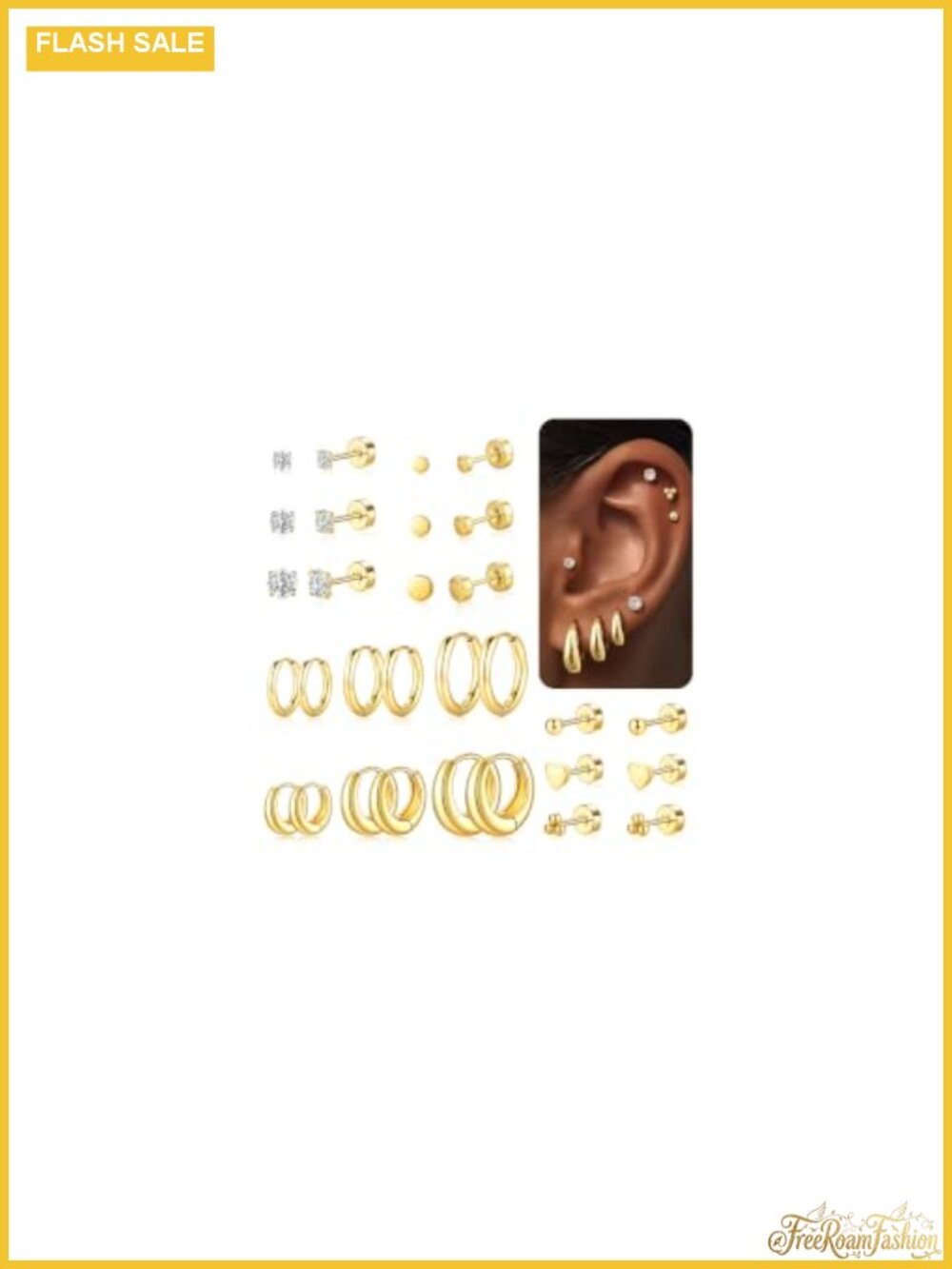 14K Gold Plated Hypoallergenic Hoop Earrings Set 15 Pairs Women